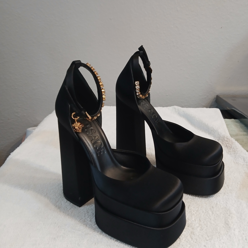 Versace Black Platform Heels with Gold Accents